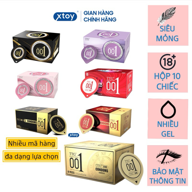 Bao cao su TGG 0.01mm siêu mỏng, kéo dài thời gian, gân gai, gel gốc nước, nhiều mùi hương, hộp 10 bcs TTG