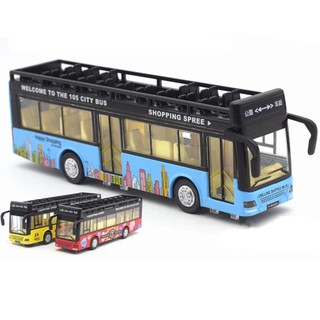 Đồ chơi mô hình xe bus 2 tầng mui trần có nhạc và đèn chạy cót bằng kim loại bền bỉ, xe thăm quan du lịch thành phố