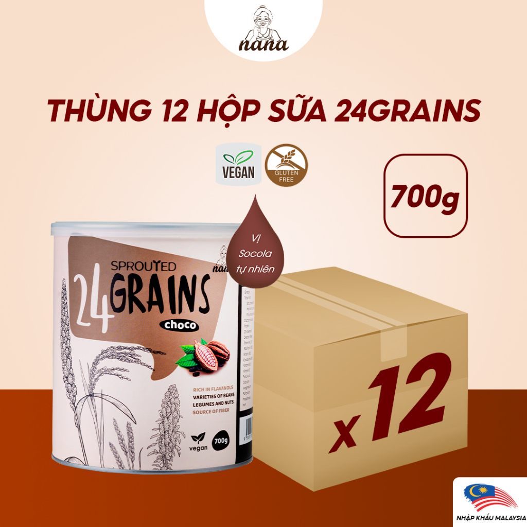 Thùng 12 Hộp Sữa Hạt Từ Gạo Lứt Hữu Cơ Nảy Mầm 24Grains Vị Socola Tự Nhiên Cho Trẻ Từ 6-11 Tuổi Phát Triển Não Bộ Trẻ