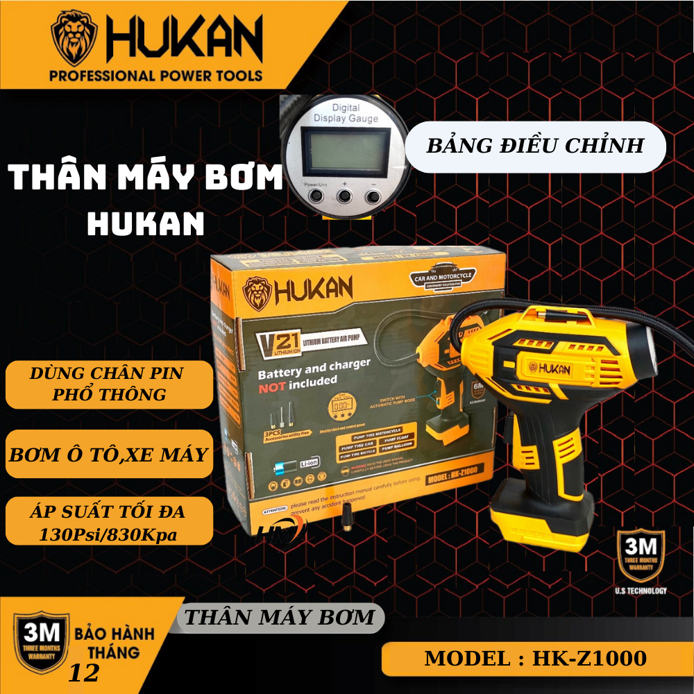 Thân máy bơm hơi pin HUKAN Z1000, Bơm lốp ô tô, xe đạp, xe máy, phao bơi, đệm khí, bóng, Kèm 3 đầu bơm