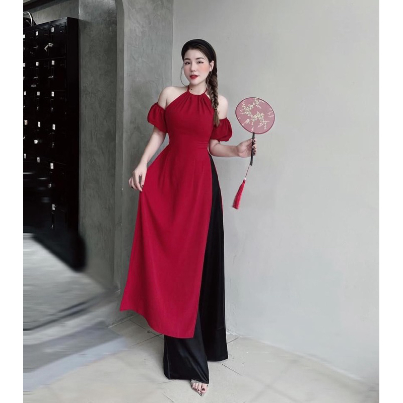 Áo Dài Đỏ Tết , Cổ Yếm Tay Rớt Kèm Quần Suông Đen, Áo Dài Cách Tân, Hàng May Thiết Kế Có Size