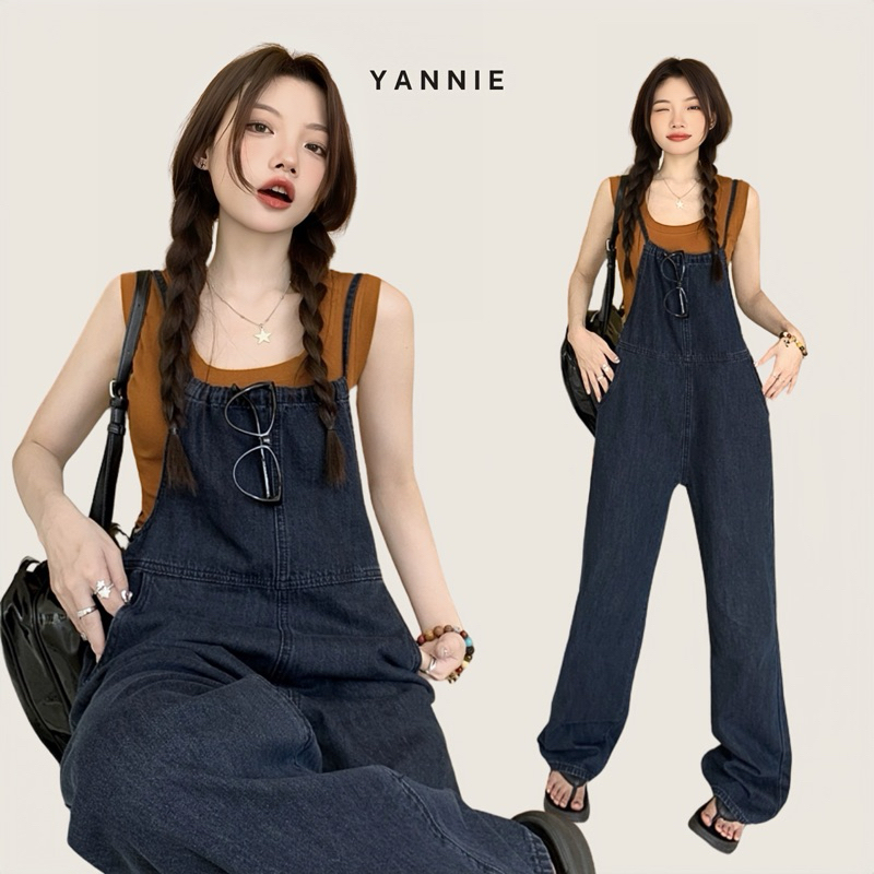 Set quần yếm bò jeans nữ dáng dài ống rộng hai dây mảnh + áo tank top ba lỗ cam ulzzang Hàn Quốc Yannie
