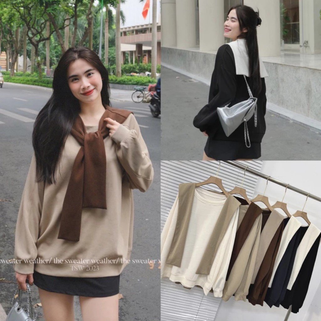 áo thun nữ dài tay kèm khăn thủy thủ chất nỉ tăm cao cấp A999 SUTANO
