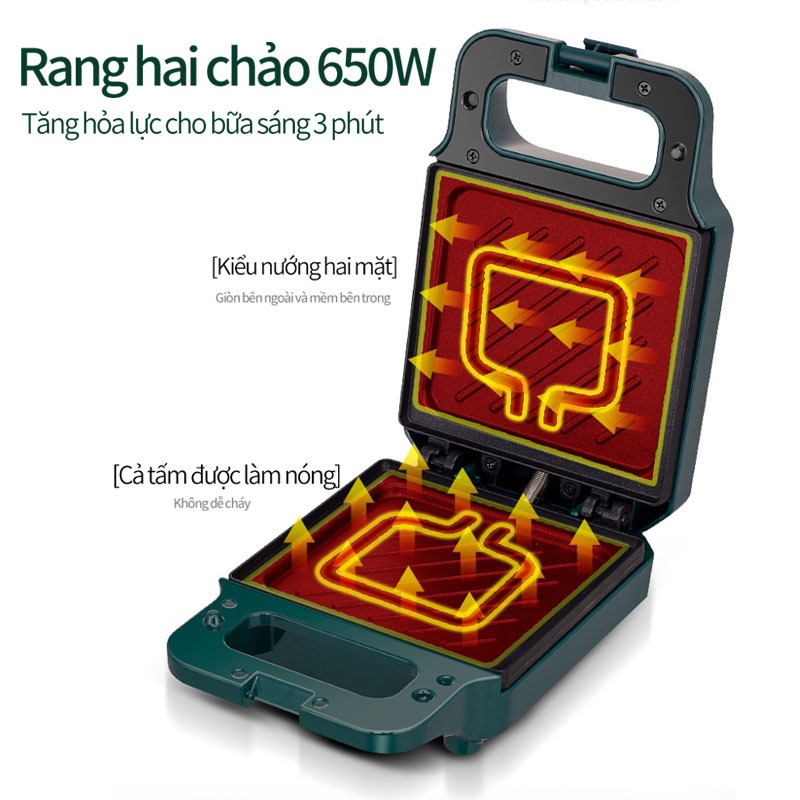 Máy nướng bánh mỳ, máy ăn sáng đa năng, làm bánh sandwich, công suất 650W