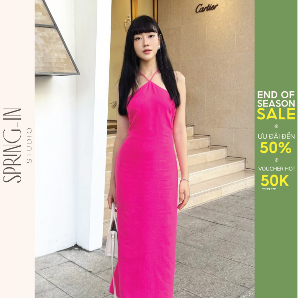 Đầm nữ suông linen dáng dài thiết kế cổ yếm hở lưng SPRING-IN