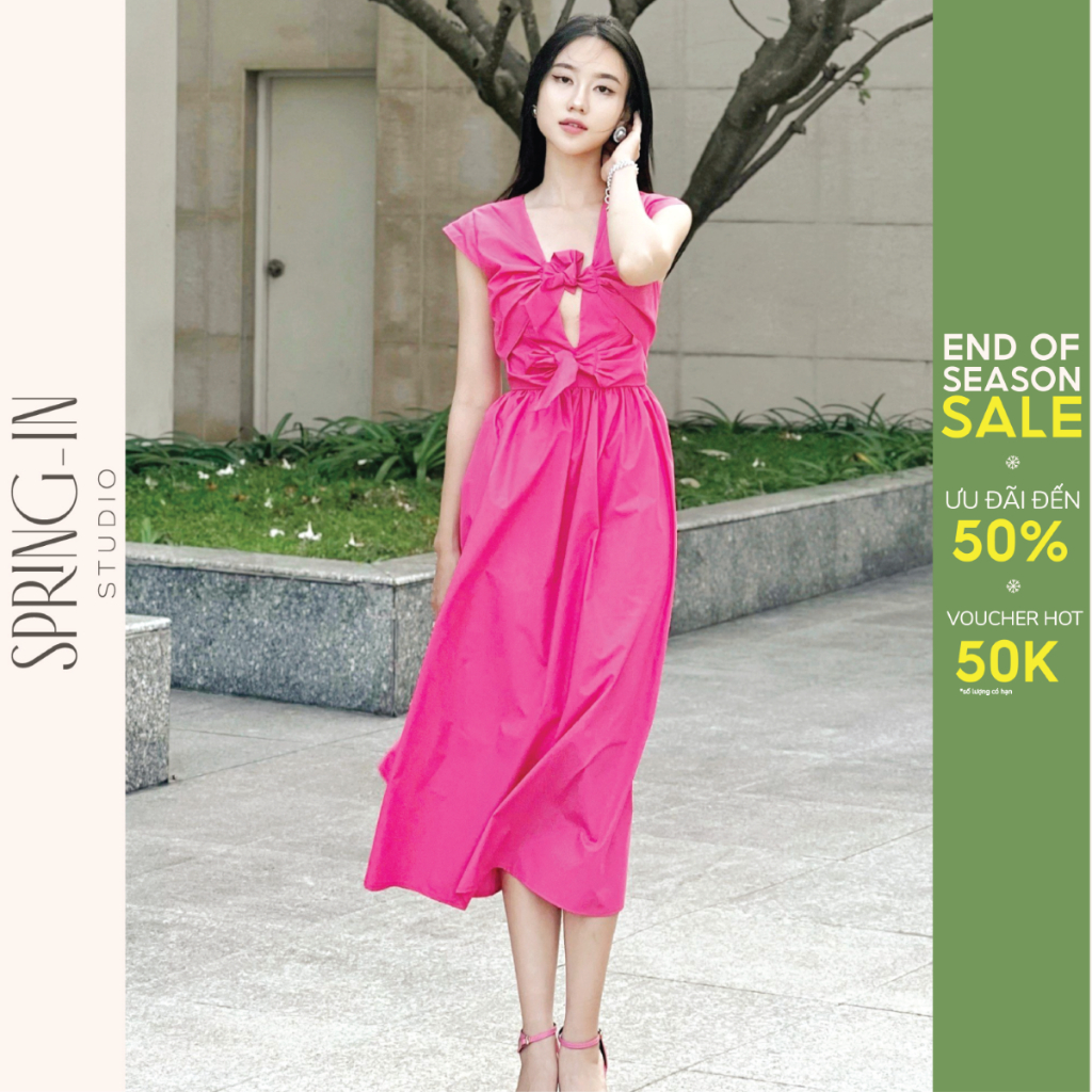Đầm dài nữ dáng xòe thiết kế cột nơ màu hồng sen nữ tính SPRING-IN