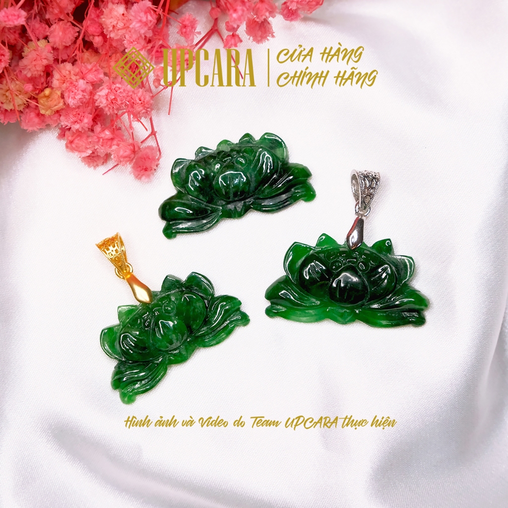 Mặt hoa sen ngọc sơn thủy dùng làm mặt dây chuyền vòng cổ, xỏ vòng tay UPCARA