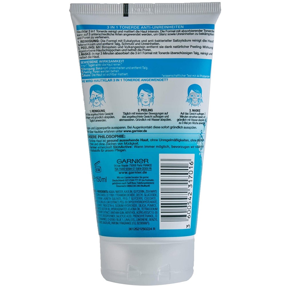 Sữa rửa mặt Garnier Hautklar 3in1 Tonerde dành cho da mụn & bị nhờn 150ml