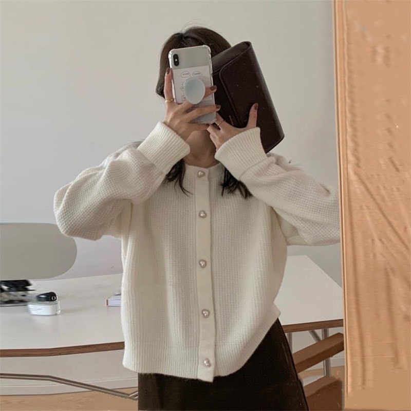 Áo khoác cardigan len tay bo dáng ngắn cổ tròn phong cách retro hàn quốc mặc tết noel DELIZ
