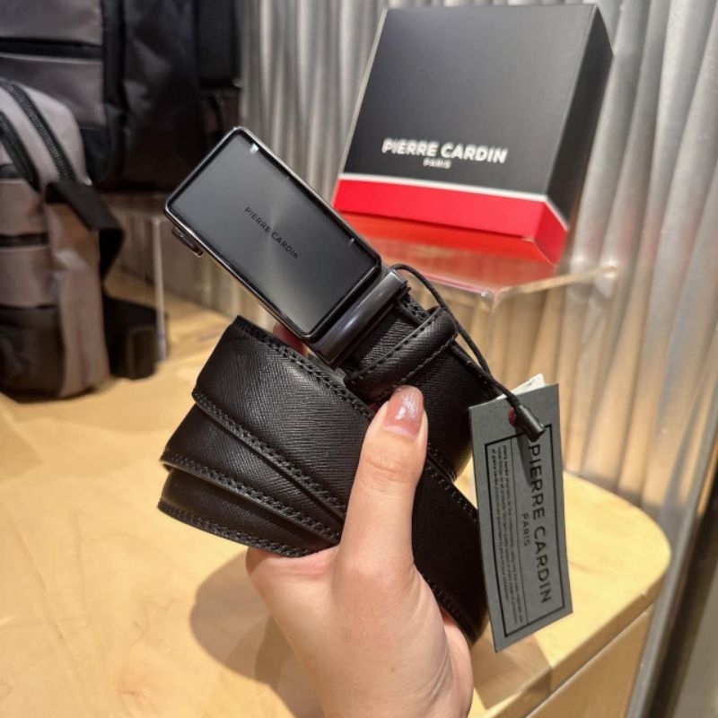 Thắt lưng dây nịt đen nam Pierre Cardin Malaysia mặt kéo trượt đẩy Slide buckle black belt