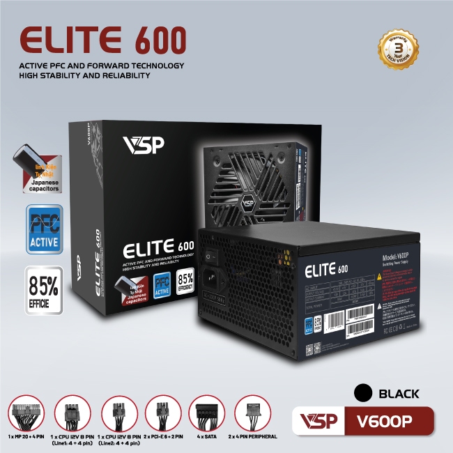 Bộ Nguồn Công Suất Thực VSP Elite Active PFC V600P
