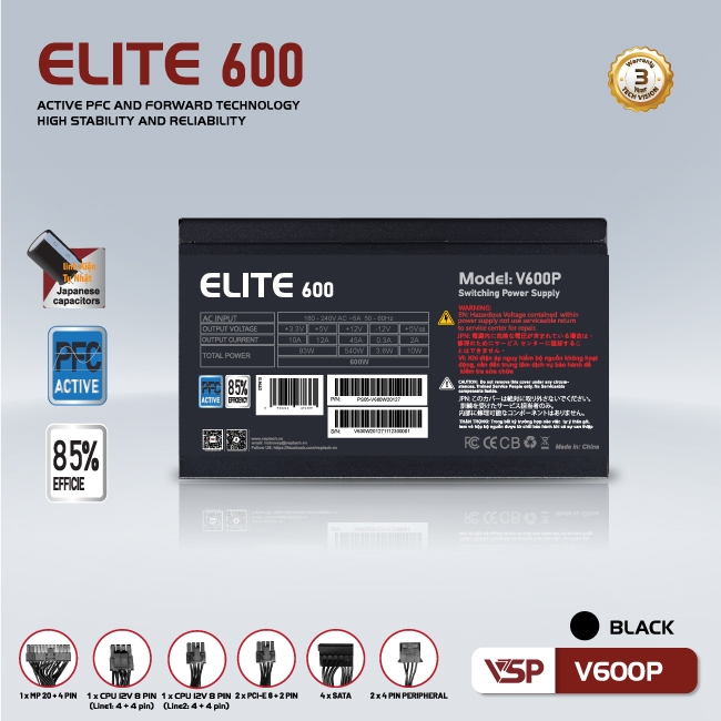 Bộ Nguồn Công Suất Thực VSP Elite Active PFC V600P
