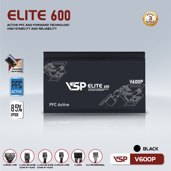 Bộ Nguồn Công Suất Thực VSP Elite Active PFC V600P
