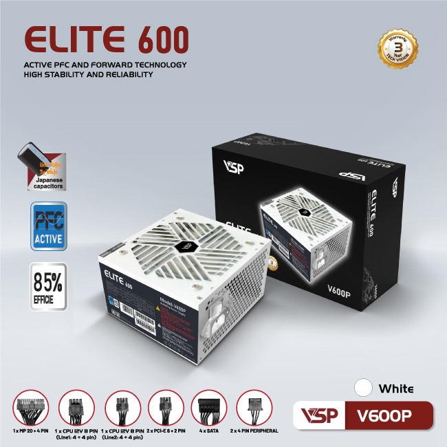 Bộ Nguồn Công Suất Thực VSP Elite Active PFC V600P