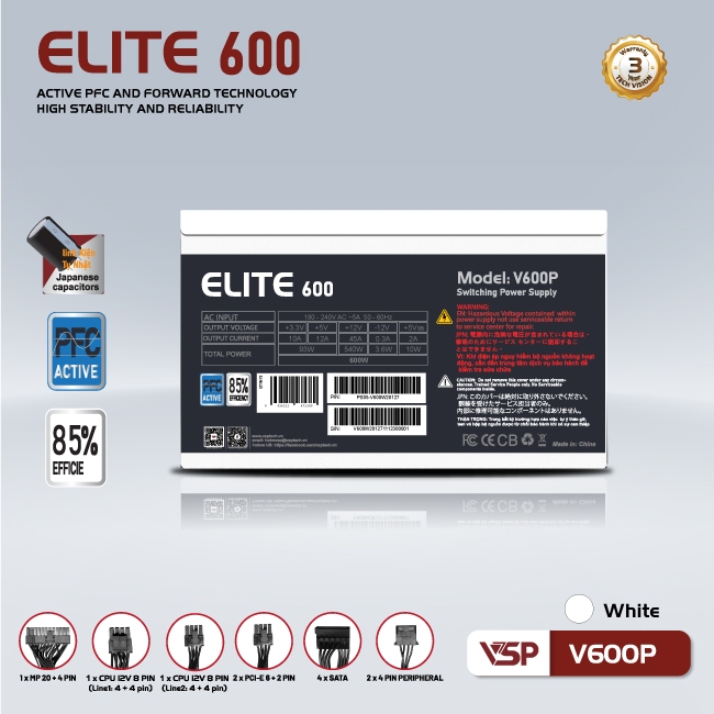 Bộ Nguồn Công Suất Thực VSP Elite Active PFC V600P