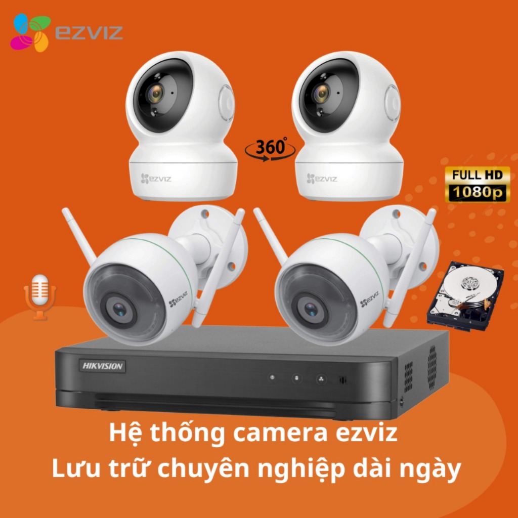 Trọn bộ 4 camera wifi ezviz xem trên tivi ,điện thoại ,máy tính, lưu trữ chuyên nghiệp. hàng chính hãng bảo hành 2 năm