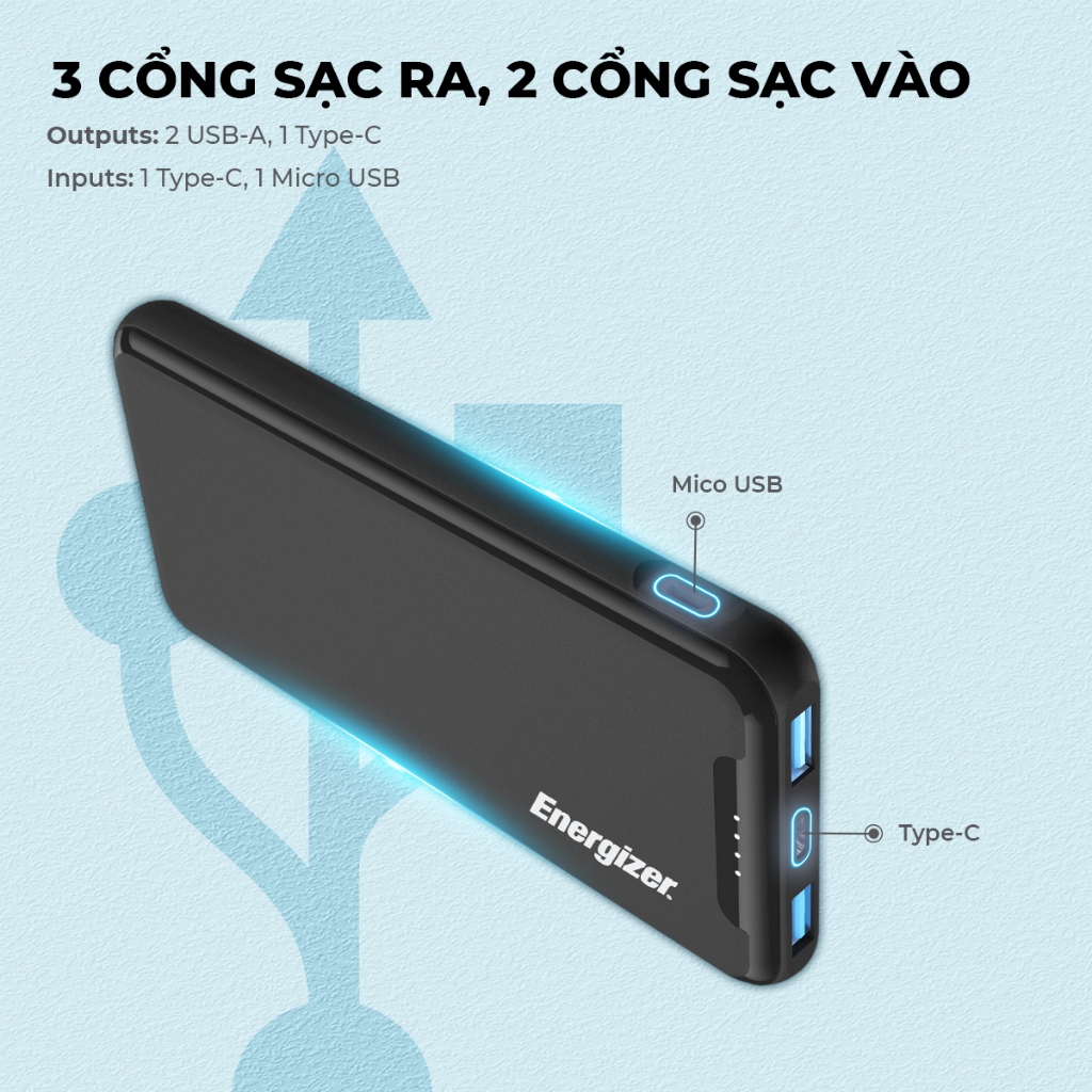 Sạc dự phòng Energizer UE10052/UE10052PQ - Thiết kế sang trọng, gọn nhẹ - tích hợp 2 cổng output - Hàng chính hãng