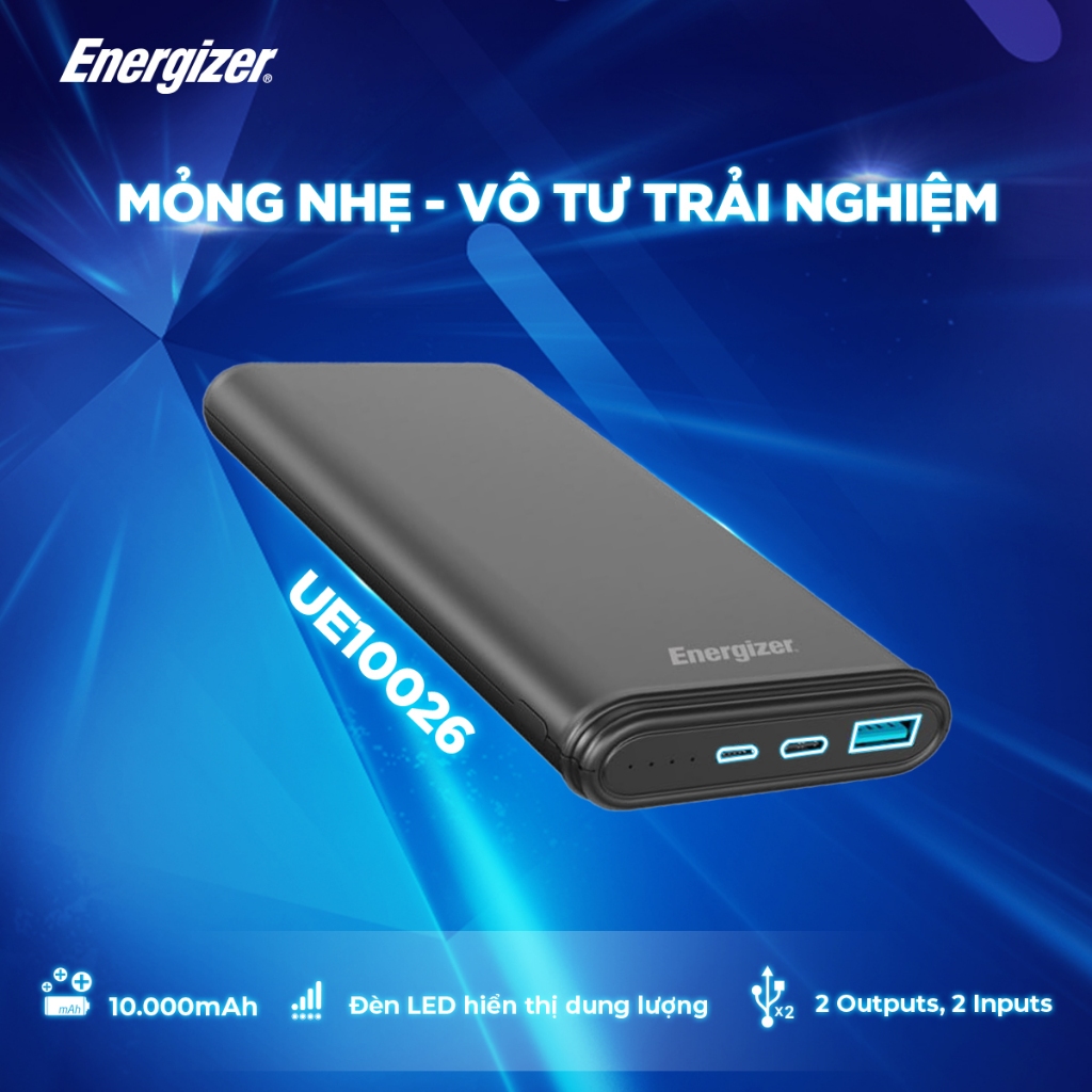 Sạc dự phòng Energizer 10,000mAh  UE10026/UE10042 - Thiết Kế Siêu Gọn Nhẹ - Hàng Chính Hãng, Bảo Hành 2 Năm 1 Đổi 1