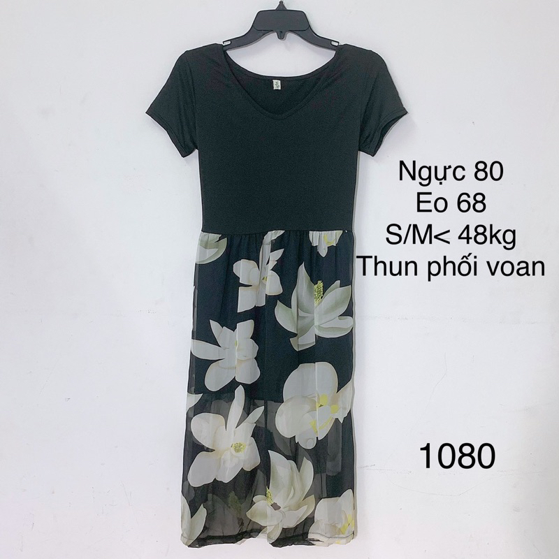 Đầm thun phối voan hoa thoải mái, pass đầm 2hand