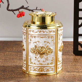 Hộp đựng trà vàng hoàng gia | lọ đựng chè hợp kim đồng hoạ tiết tân cổ điển