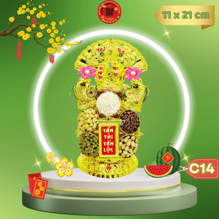 Tháp tỏi tài lộc ông địa đẹp, đĩa tỏi đậu ngũ cốc thần tài song ngư có đèn led - TỎI CÁT TƯỜNG