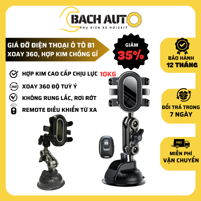 Giá kẹp đỡ điện thoại trên ô tô bằng hợp kim chống gỉ xoay 360 độ không rung lắc kèm remote điều khiển Bachauto mã B1