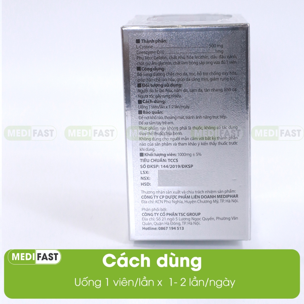 Viên uống đẹp da Lcystine Hộp 60 viên- Giúp bổ sung dưỡng chất da và tóc, hạn chế lão hóa da, giảm rụng tóc, da sáng min