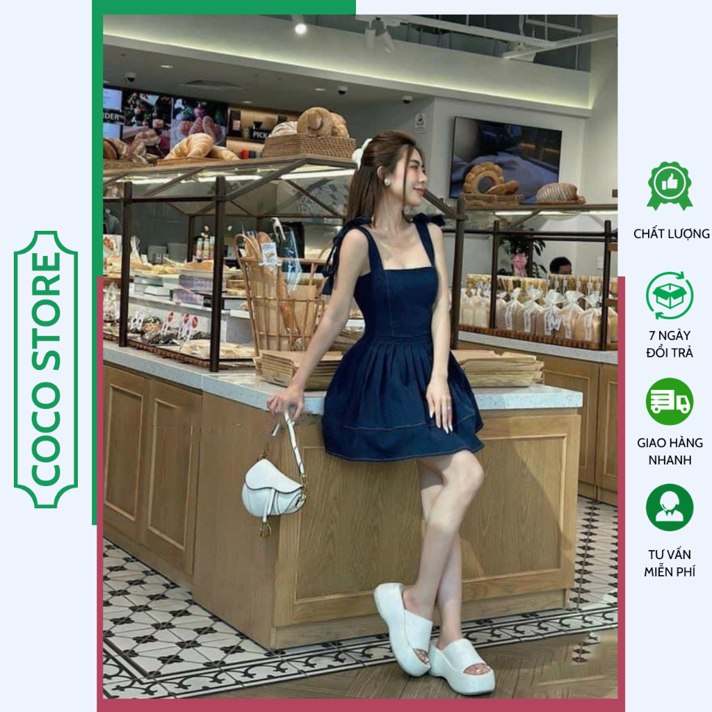 Váy Jean 2 Dây Cột Vai Nơ TIBU Đầm Denim 2 Dây Dáng Xoè Form Ngắn COCOSTORE V25