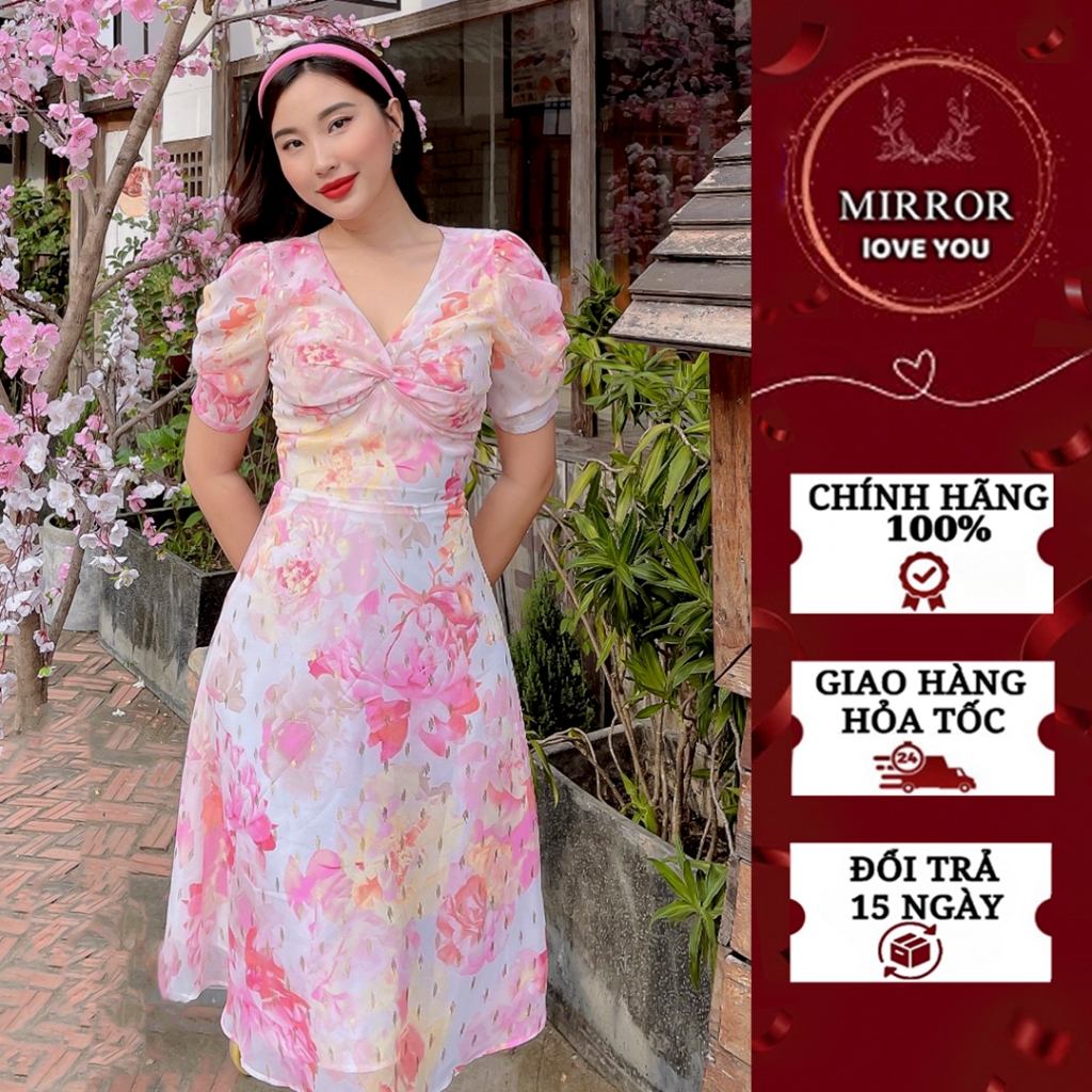 Váy hoa nhí cổ tim đầm thiết kế nữ cực kỳ dễ thương có tay che khuyết điểm đầm công sở đầm đi chơi đầm đi du lịch