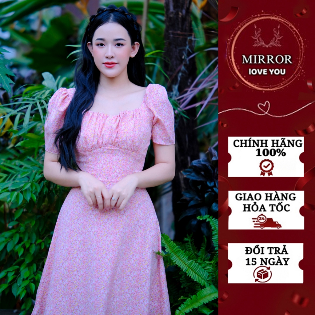 Váy hoa nhí cổ vuông đầm thiết kế đầm nữ dễ thương có tay che khuyết điểm đầm công sở đầm đi chơi đầm đi du lịch