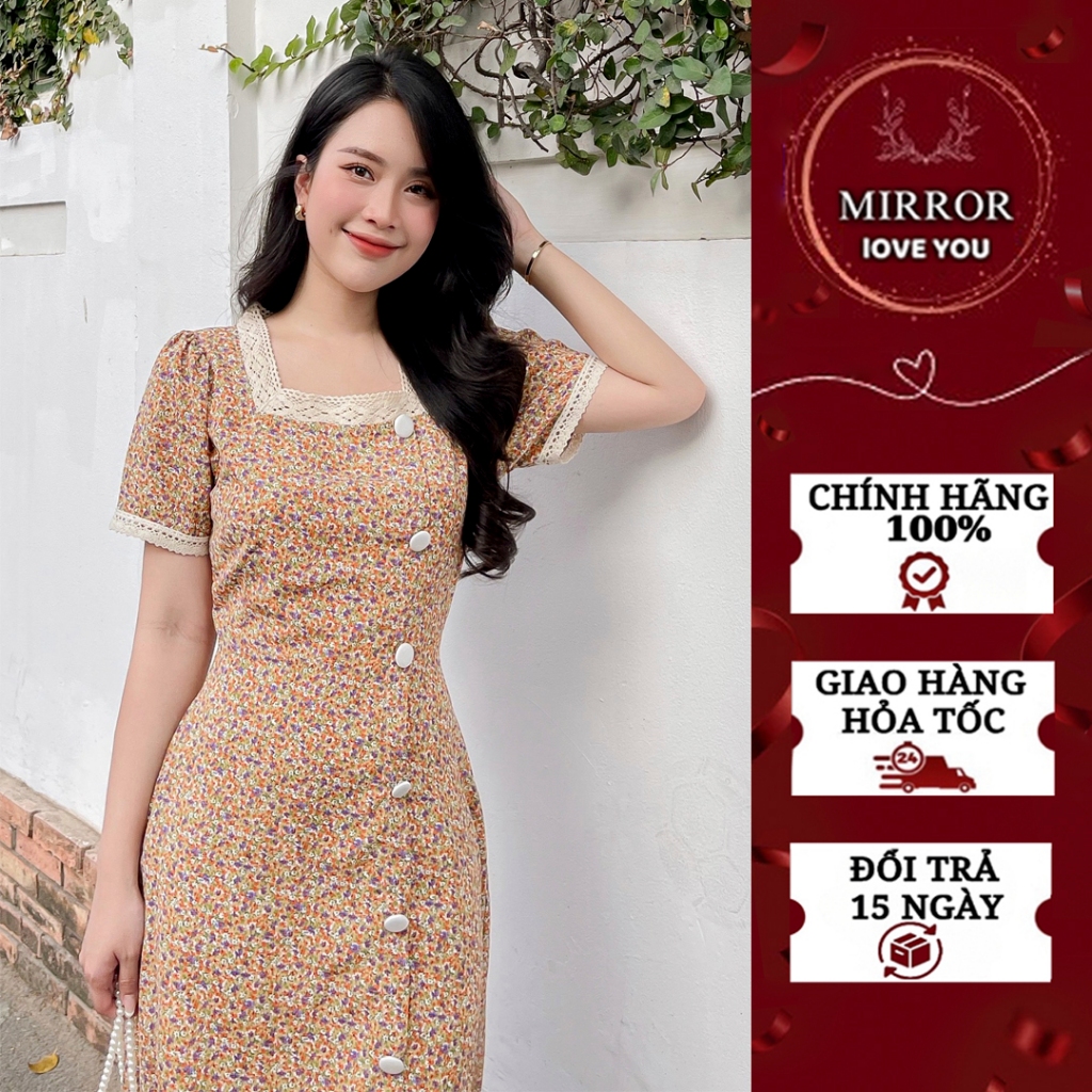 Váy hoa nhí cổ phối ren đầm thiết kế đầm nữ dễ thương có tay che khuyết điểm đầm công sở đầm đi chơi đầm đi du lịch