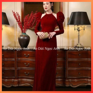 Áo dài nhung cổ yếm vai bồng, tay dài - áo dài nhung cách tân tay dài