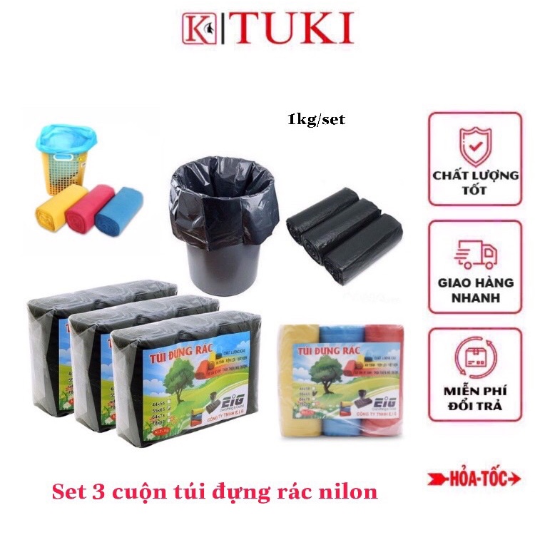 [ Loại đủ 1kg/bịch - túi dày, dai ] Bịch 3 cuộn túi đựng rác chất liệu nilon tự huỷ sinh học - tiện dụng, tiết kiệm
