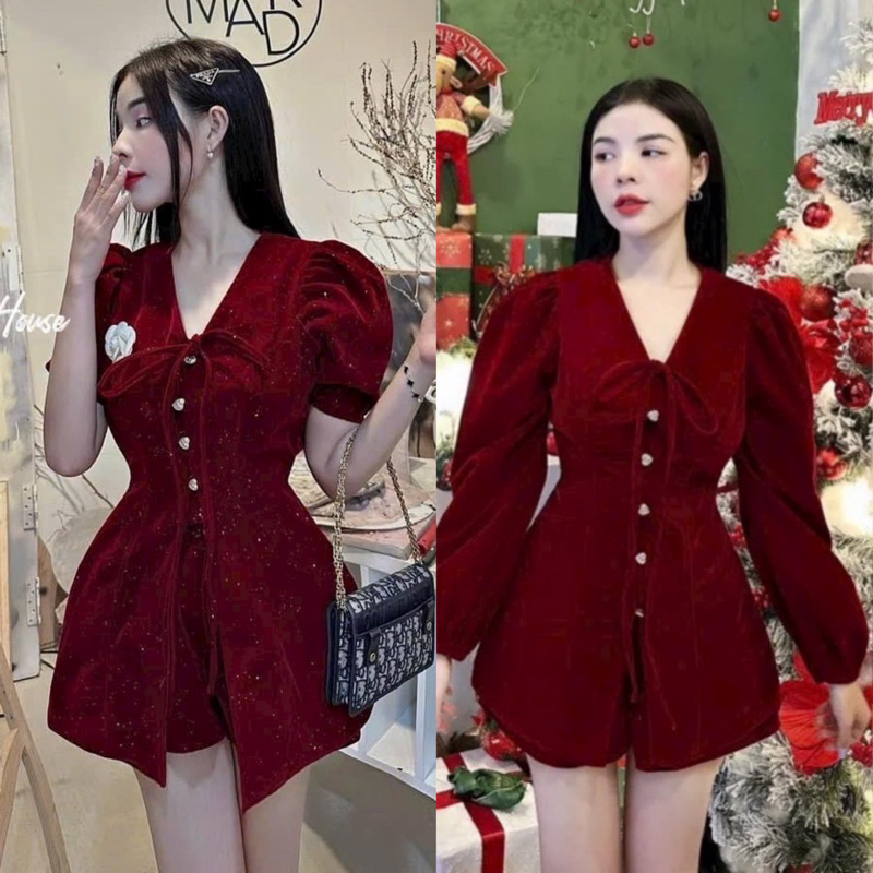 Set Bộ Đồ Nữ NHUNG Áo Peplum Đính Hàng Cúc Đỏ Sơ Mi V Tay Dài Bồng Bo Chun Thắt Nơ Cổ V + Quần Short Đùi