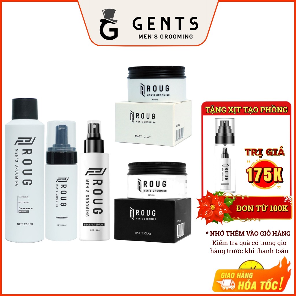 Sáp vuốt tóc Roug Matt - Matte Clay 90g, Gôm Hair Spray 250ml, Xịt tạo phồng Roug Sea Salt Spray - Mousse 150ml