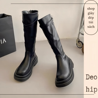 Giày boot đùi nữ cao cổ da mềm , bốt quảng châu dáng ôm phong cách Anh quốc