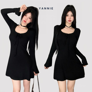Váy đầm đen mini dress dáng ngắn chữ A chất thun ôm eo tay phồng nhún ngực đen tiểu thư Yannie