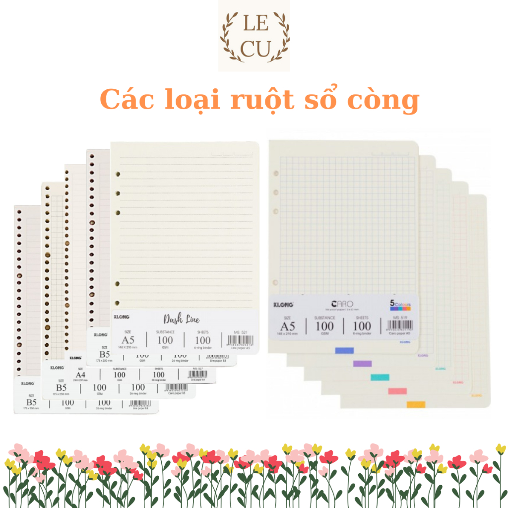  Ruột giấy refill sổ còng Caro Ruột sổ còng giấy refill KLONG 100GSM Dash Caro Dash Line các cỡ A5 B5 A4 200 trang 