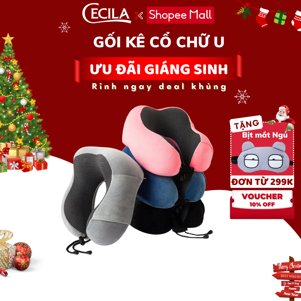 Gối chữ U kê cổ CECILA cao cấp chống mỏi, ruột cao su non êm vỏ mềm thích hợp cho dân văn phòng, du lịch đi ô tô máy bay