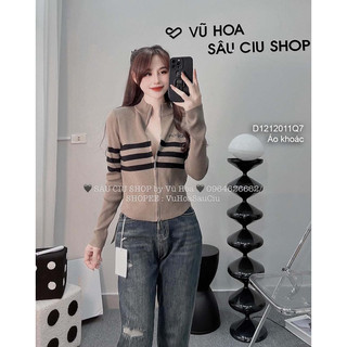 Áo khoác len viền sọc, áo khoác croptop tay dài khóa kéo VIENS STORE