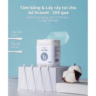Tăm bông cao cấp cho bé sơ sinh V-Coool, hộp 200 que lõi giấy