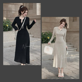 Váy len midi tăm thỏ cổ trụ