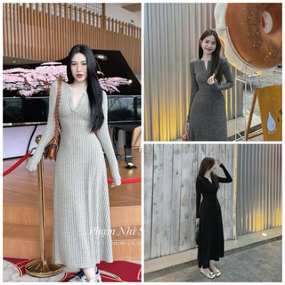 Váy len midi tăm thỏ cổ trụ