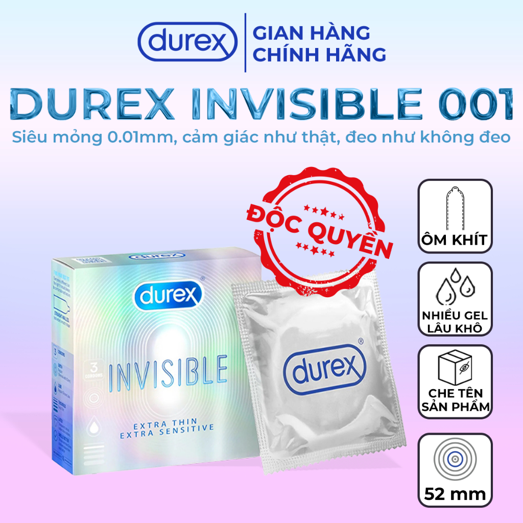 Bao Cao Su Durex Invisible 0.01mm Siêu Mỏng, Bôi Trơn Hộp 3 Bao Size 52mm - Chính Hãng Nhập KhẩuSingapore