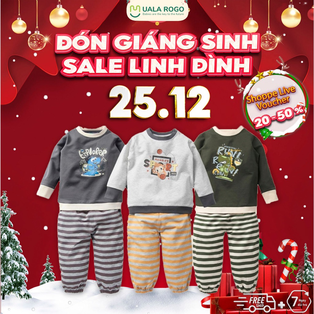 Bộ thu đông cho bé Ualarogo 1 - 5 tuổi vải Cotton nỉ dài tay cổ tròn bo ống giữ ấm mềm mại thoáng khí 3679