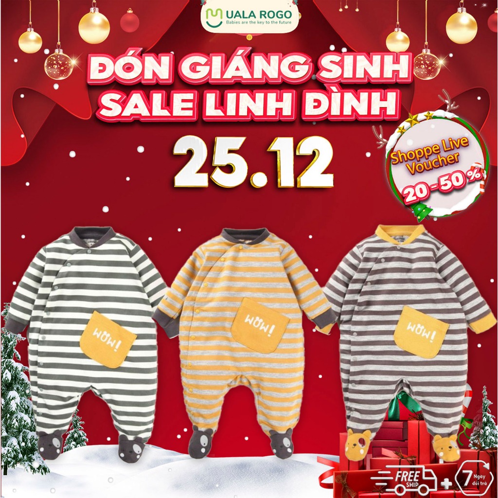 Bodysuit cho bé sơ sinh Ualarogo 0 - 6 tháng liền chân cúc chéo vải Cotton Nỉ mềm mại ấm áp co giãn thoáng khí 3680