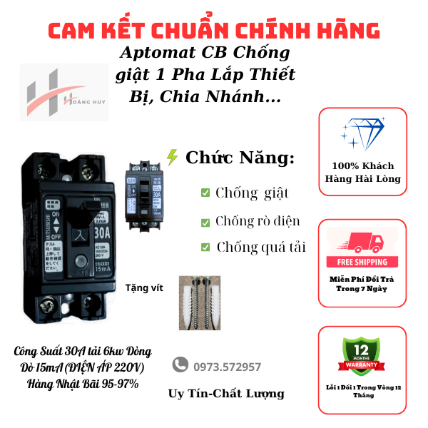 Aptomat Chống giật rò,quá tải (bảo hành 12 tháng) Mitsubishi hàng nội địa nhật 20A-30A dòng dò 15mA.