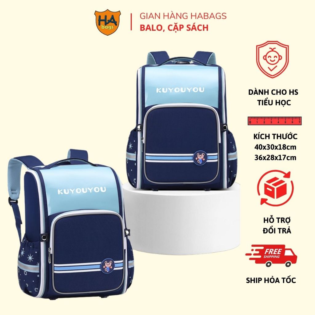 Ba lô chống gù HABAGS, balo siêu nhẹ cho học sinh tiểu học form hộp cứng HA1035