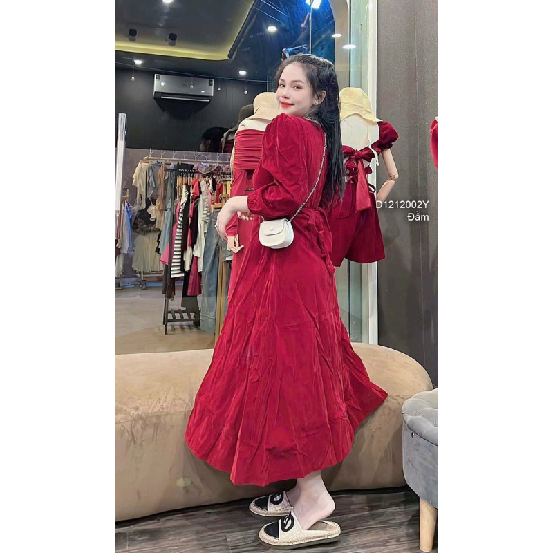 Đầm xòe nhung đỏ tay bo chun, váy xòe cổ vuông sang trọng VIENS STORE