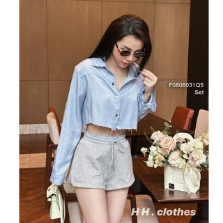 Set áo sơ mi form croptop tay dài+ quần short lưng chun!